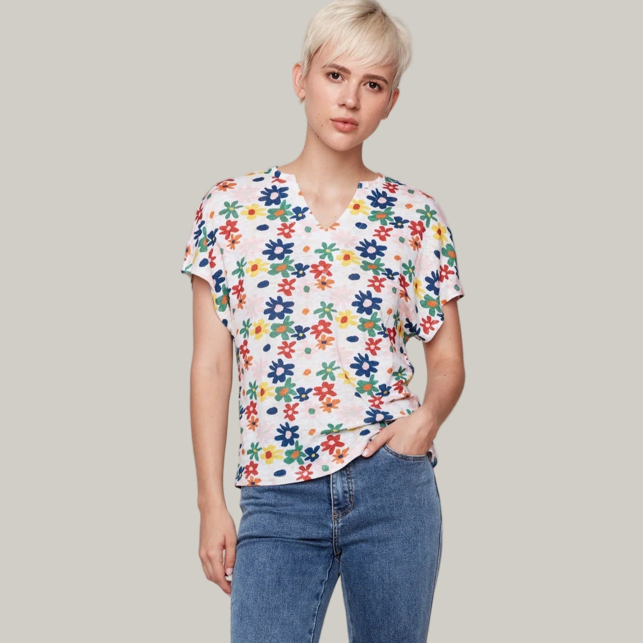 Charlie B - Daisy Print Split Neck Top