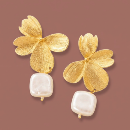 Audrey's - Golden Floral Pearl Drop Earrings