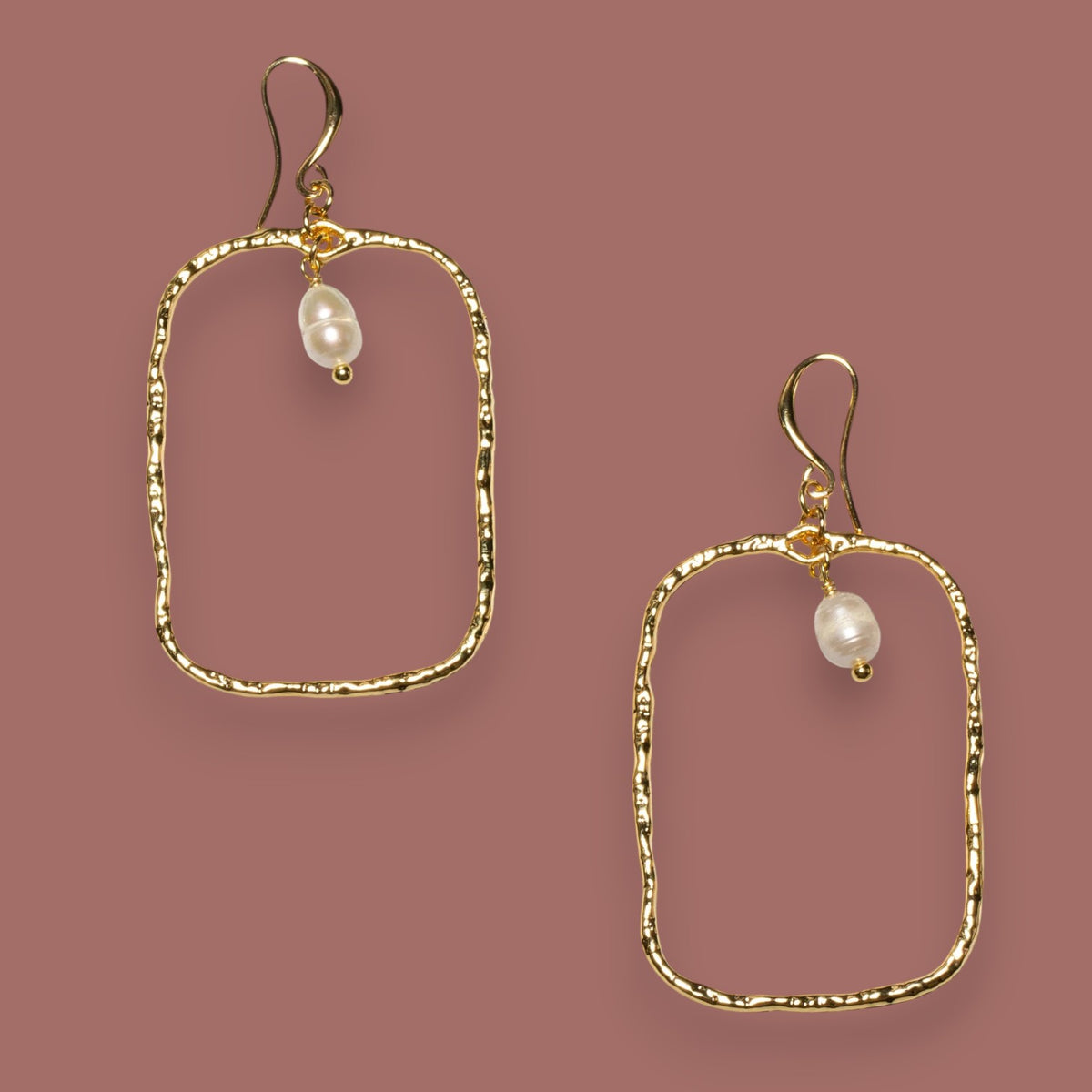Suzie Blue - Hammered Gold Rectangle Earrings With Pearl