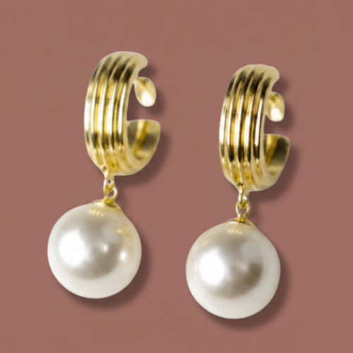 Merx - Pearl Drop Ribbed Half Hoop Earrings