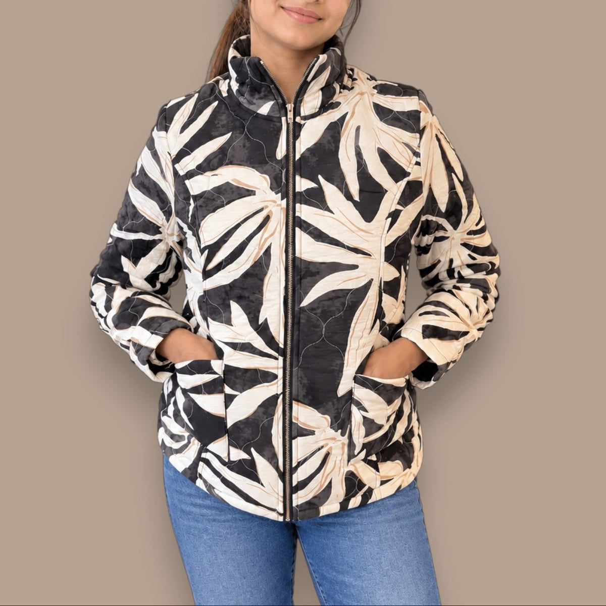Moffi - Botanical Print Quilted Zip-Front Jacket