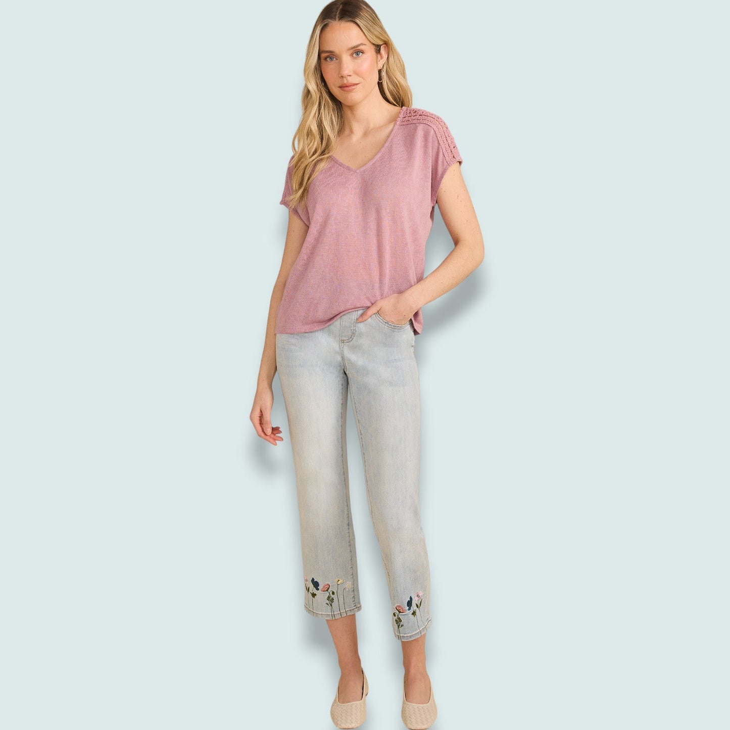 FDJ - Mauve Lace Shoulder V-Neck Tee