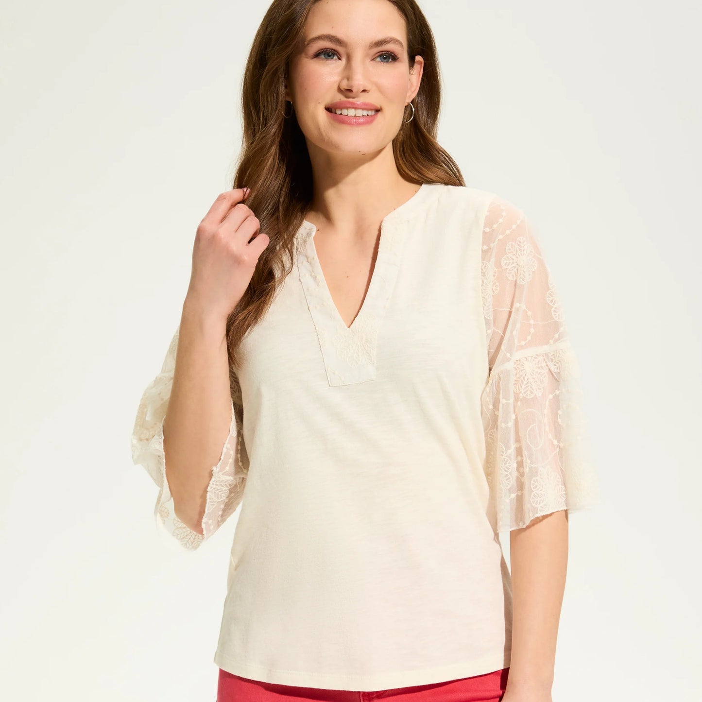 FDJ - 3/4 Mesh Bell Sleeve Top - Ivory