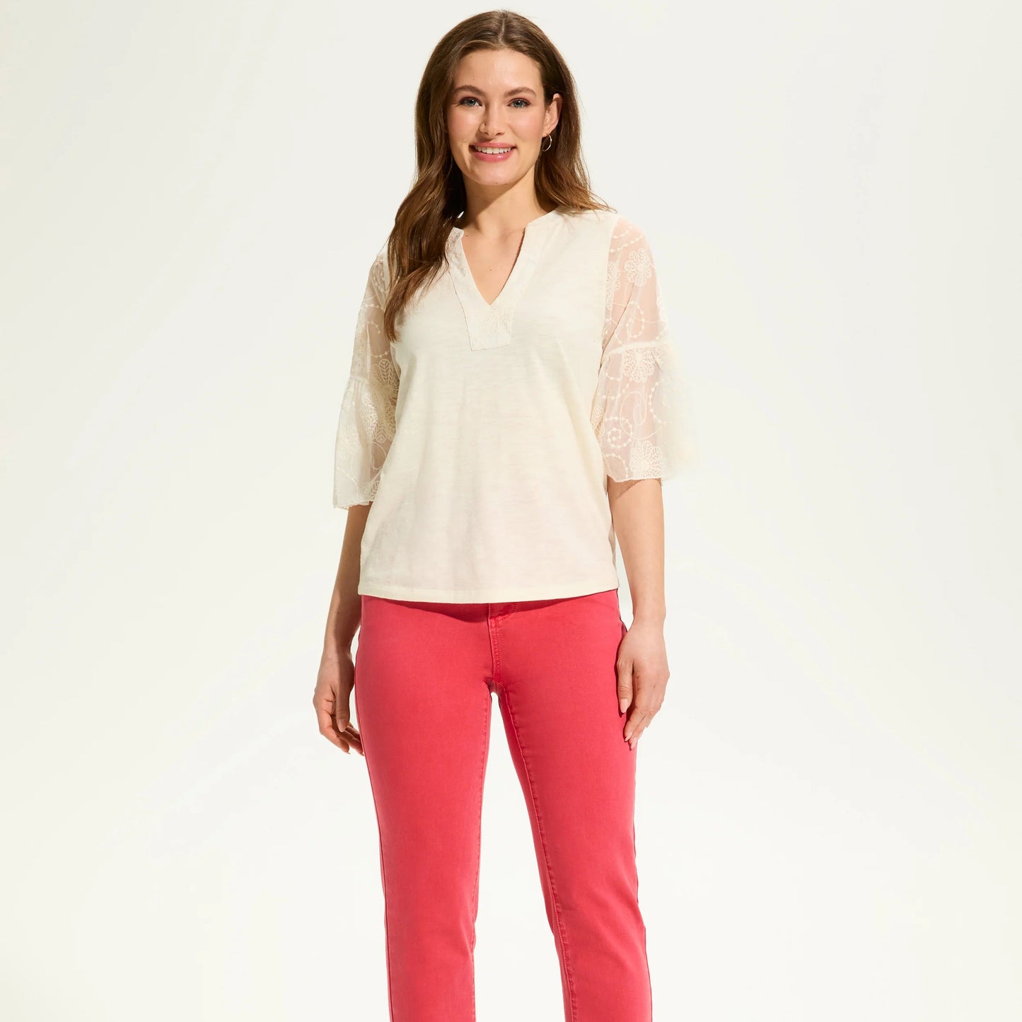 FDJ - 3/4 Mesh Bell Sleeve Top - Ivory
