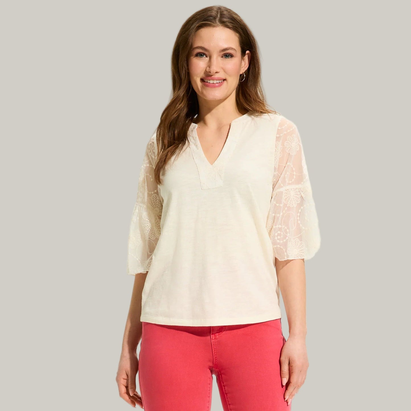 FDJ - 3/4 Mesh Bell Sleeve Top - Ivory