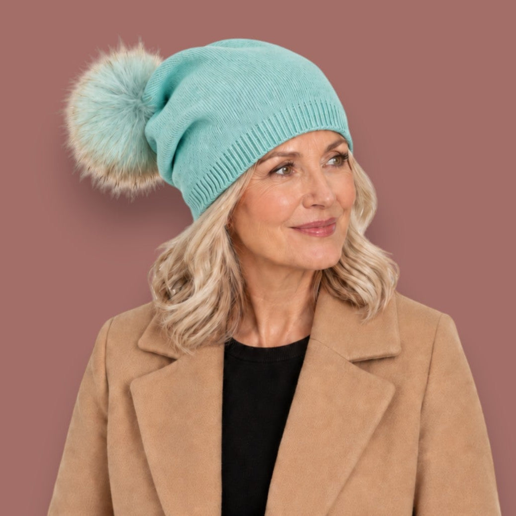 Audrey's - Removable Faux-Fur Pom-Pom Knit Hat