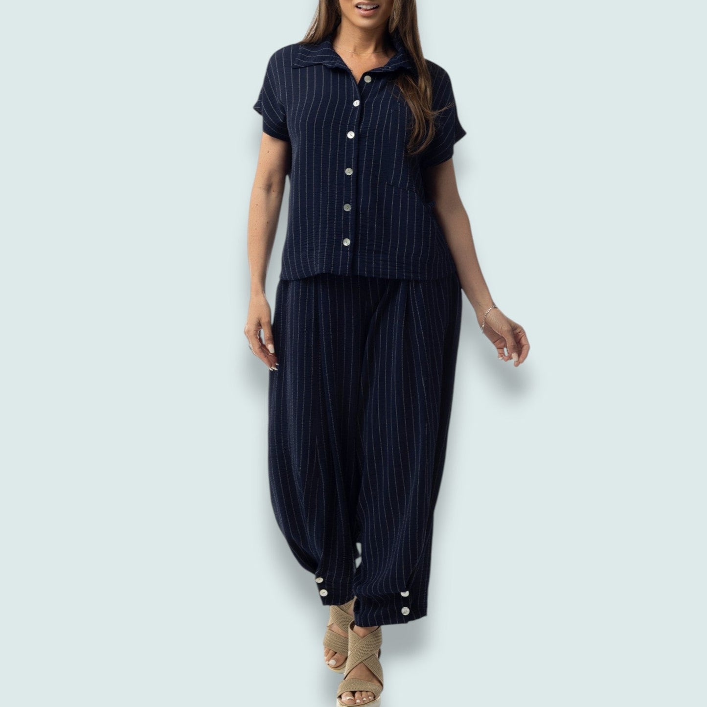 Pure - Midnight Pinstripe Button-Hem Pant