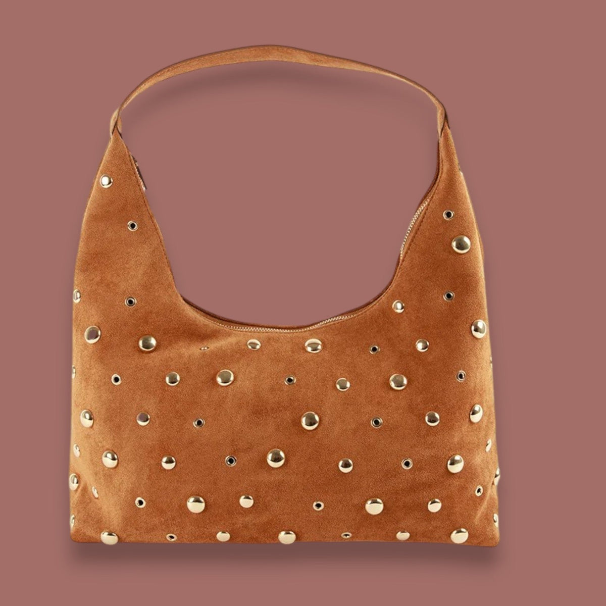 Caracol - Faux Suede Metallic Mega-Stud Hobo Bag
