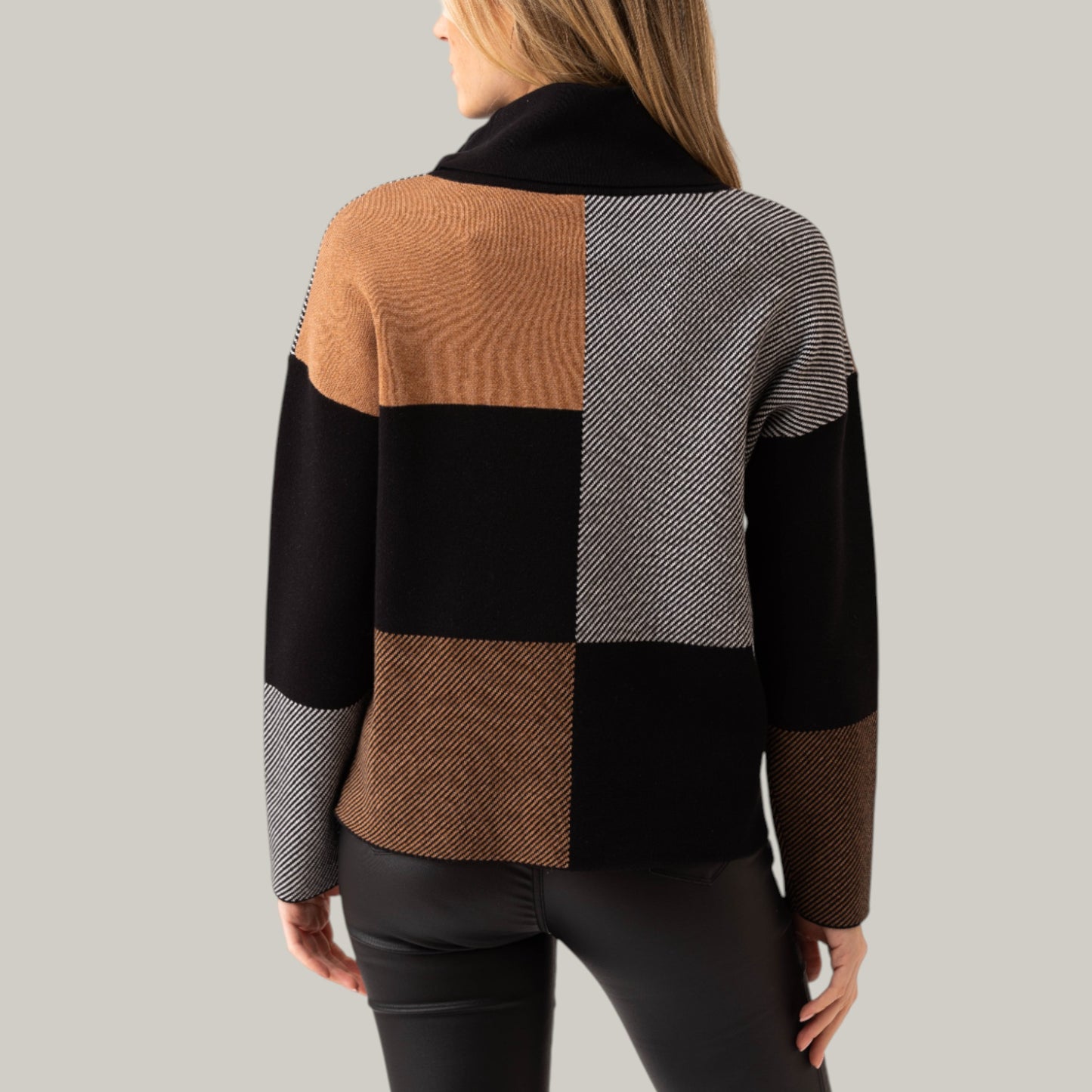 Marble - Cowl Neck Check Pattern Knit Sweater