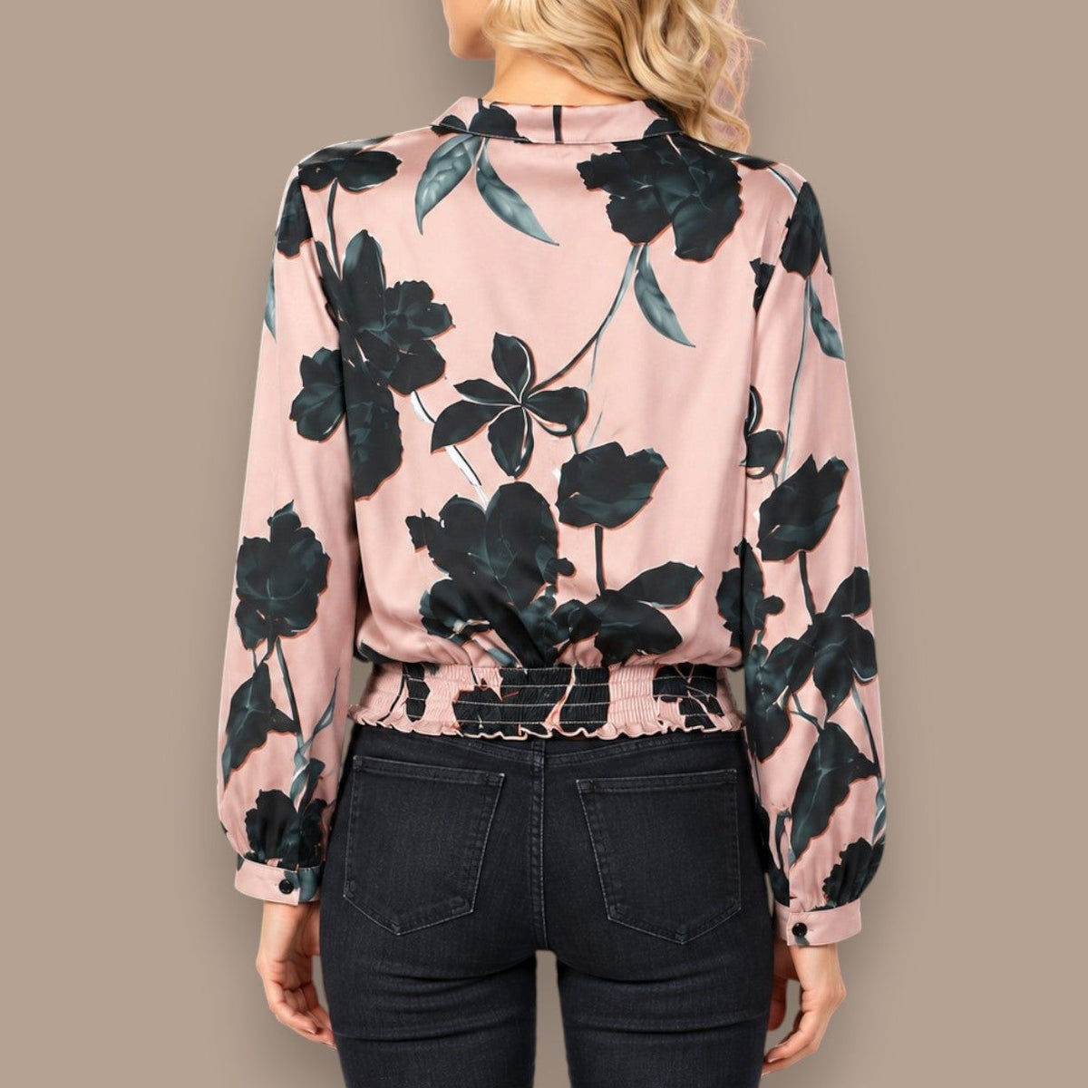 Tango Mango - Floral Satin-Look Smocked Waist Blouse