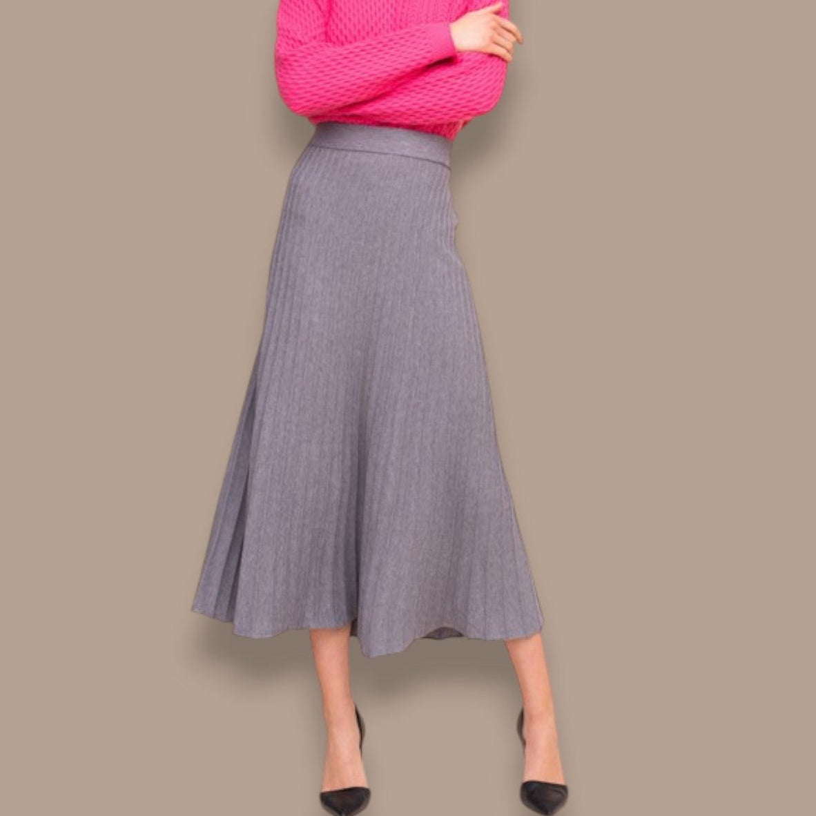 Alison Sheri - Rib Knit Flared Midi Skirt