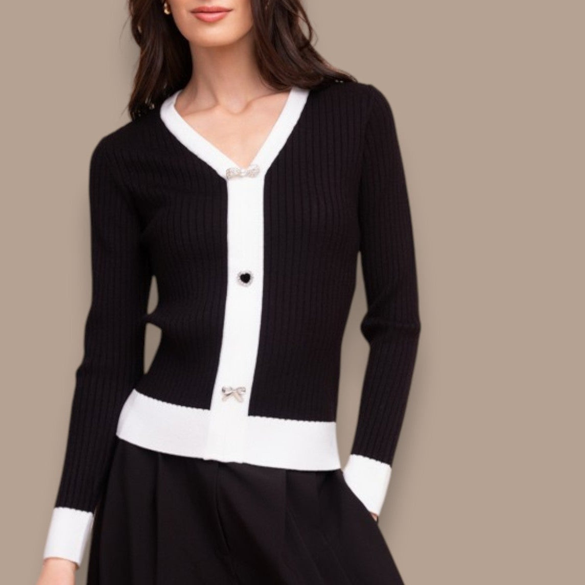 Alison Sheri - Contrast Trim Rib Knit Pullover Sweater