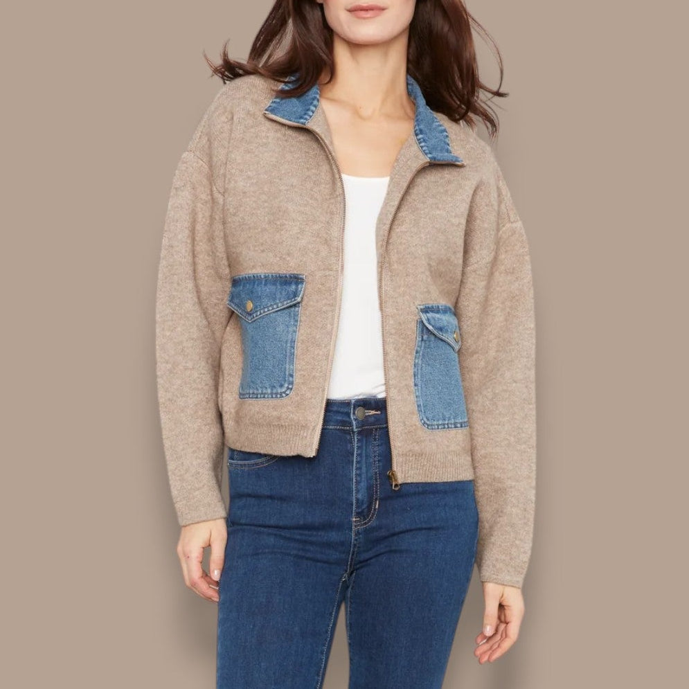 Charlie B - Denim Trim Zip-Up Sweater Jacket