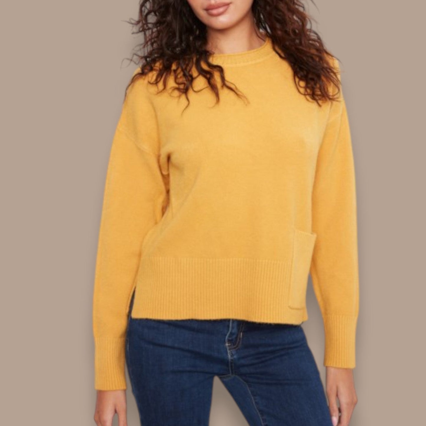 Charlie B - Mustard Knit Sweater With Front Patch Pocket