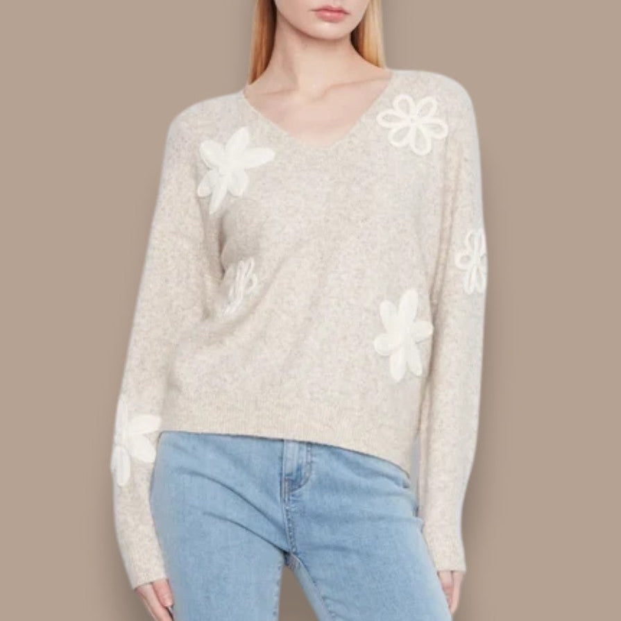 Charlie B - Floral Appliqué V-Neck Sweater