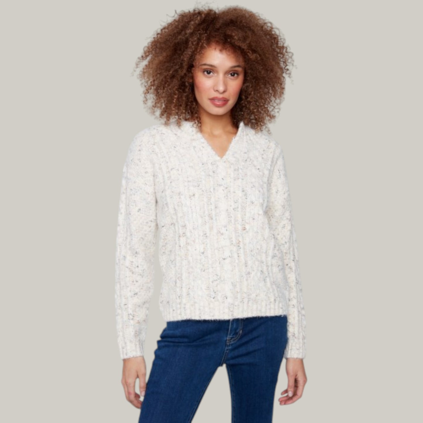 Charlie B - Notched Neck Cable Knit Sweater