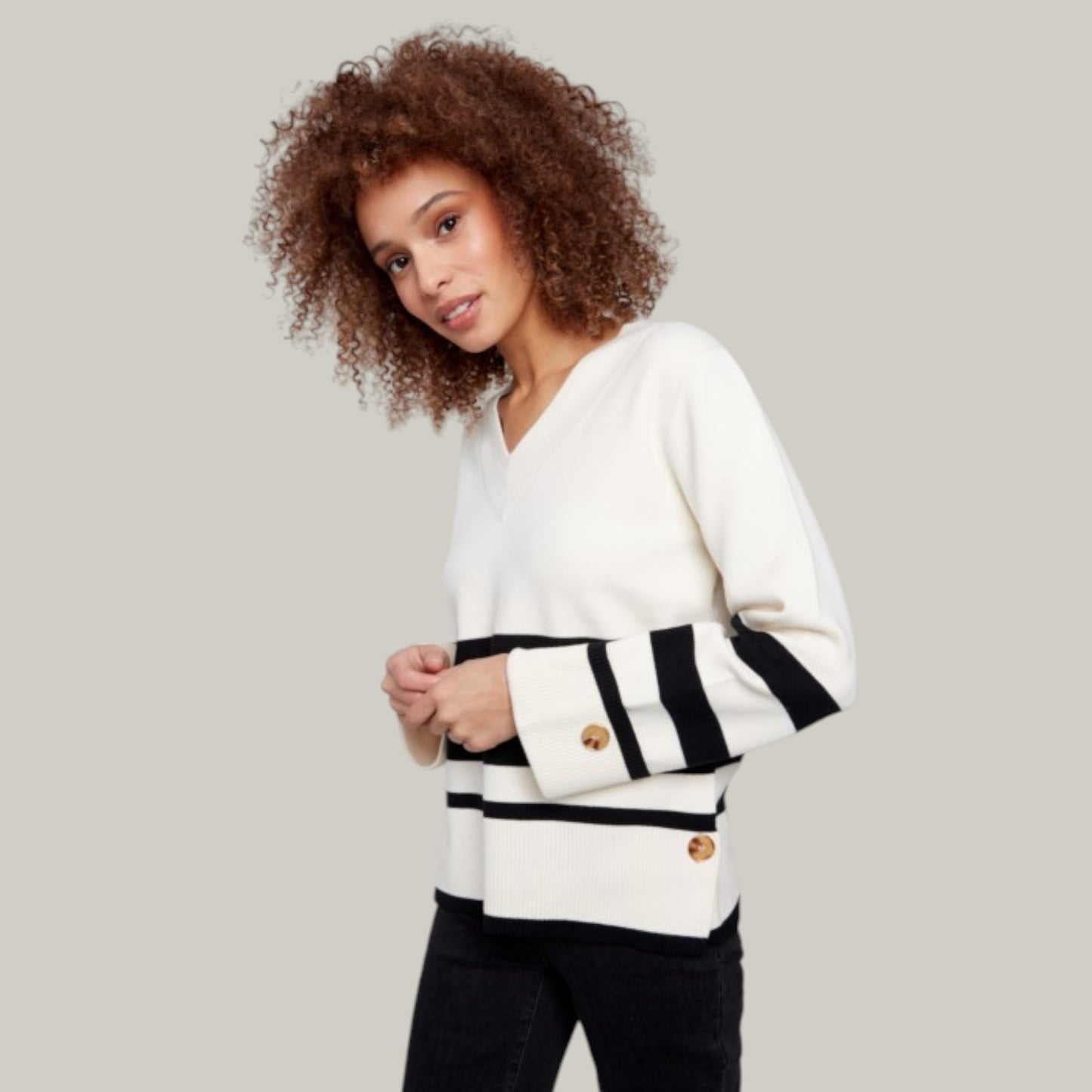 Charlie B - Stripe Wide Cuff V-Neck Sweater