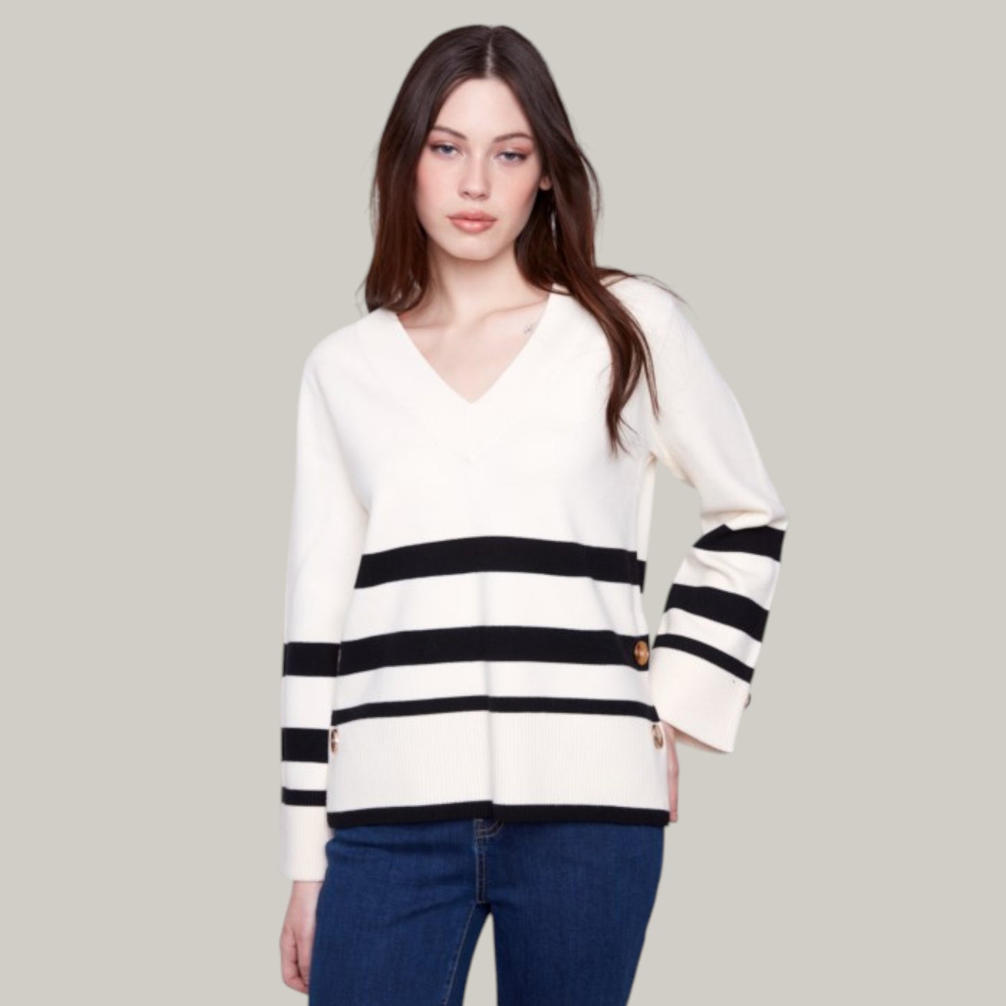 Charlie B - Stripe Wide Cuff V-Neck Sweater