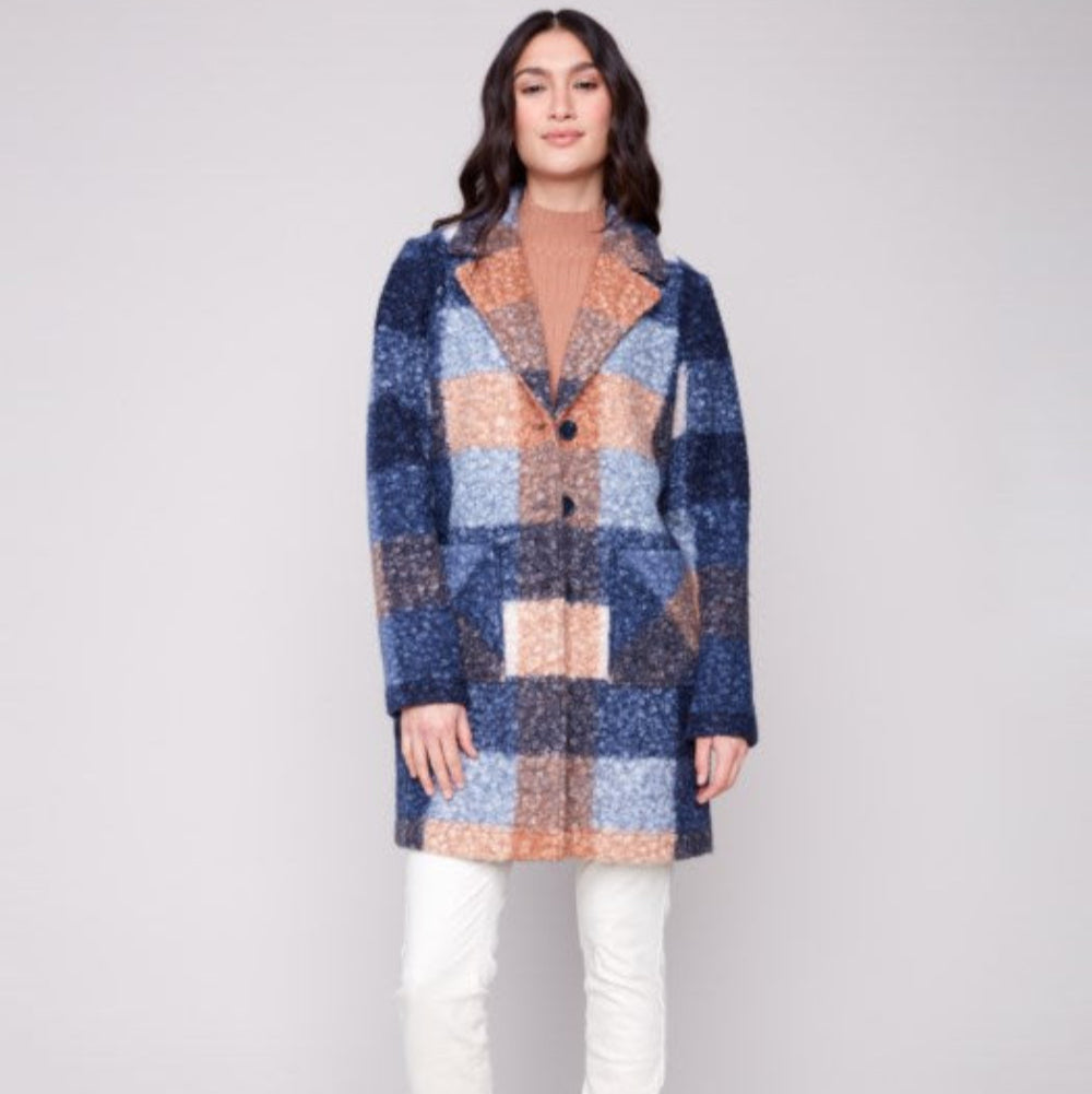 Charlie B - Plaid Boucle Knit Tailored Collar Coat