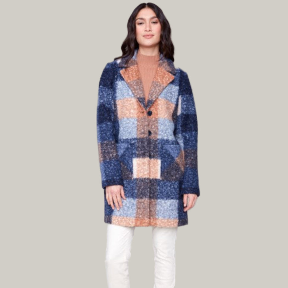 Charlie B - Plaid Boucle Knit Tailored Collar Coat
