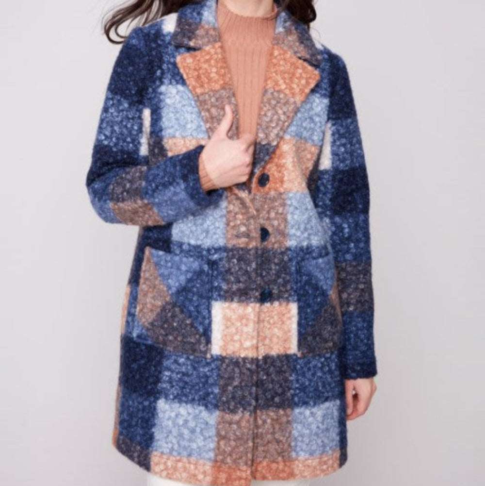 Charlie B - Plaid Boucle Knit Tailored Collar Coat