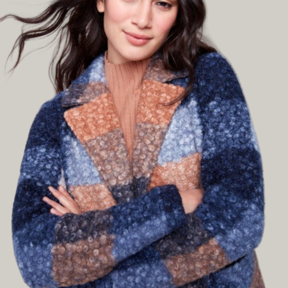 Charlie B - Plaid Boucle Knit Tailored Collar Coat