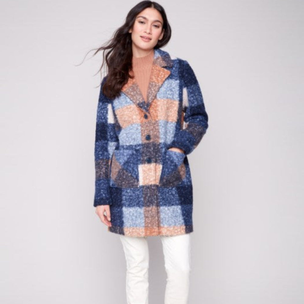 Charlie B - Plaid Boucle Knit Tailored Collar Coat