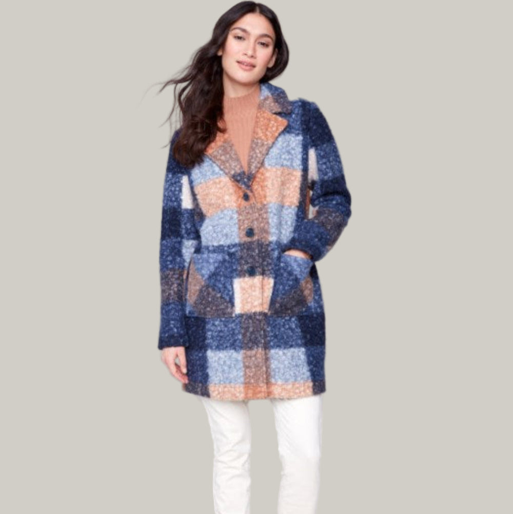 Charlie B - Plaid Boucle Knit Tailored Collar Coat