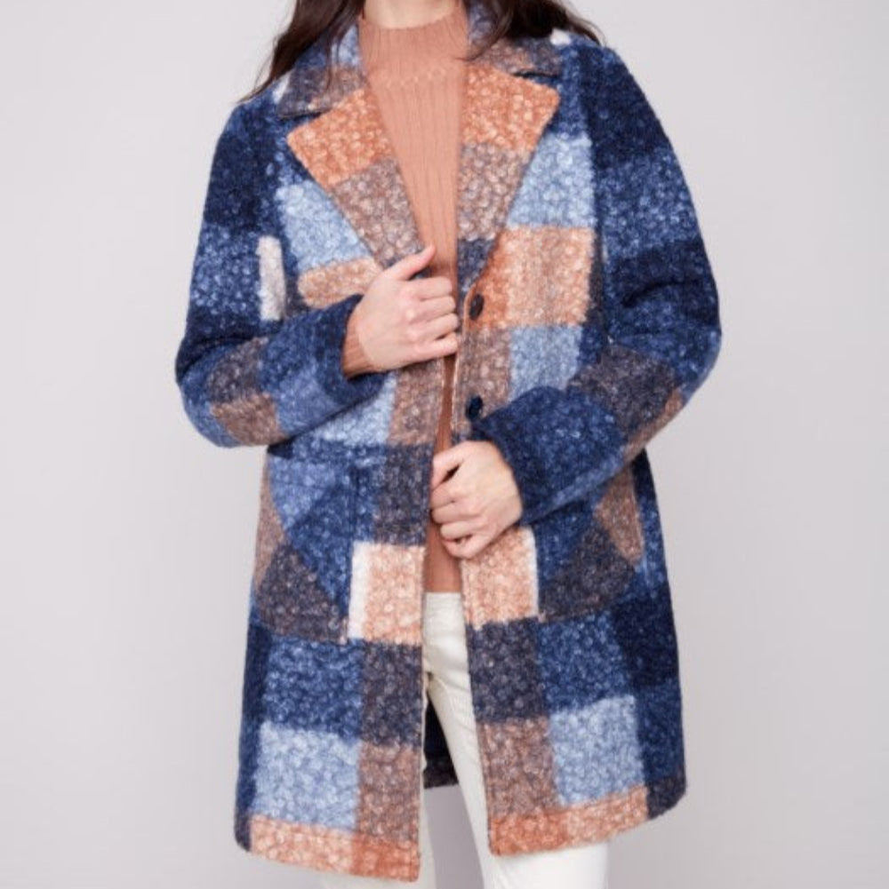 Charlie B - Plaid Boucle Knit Tailored Collar Coat
