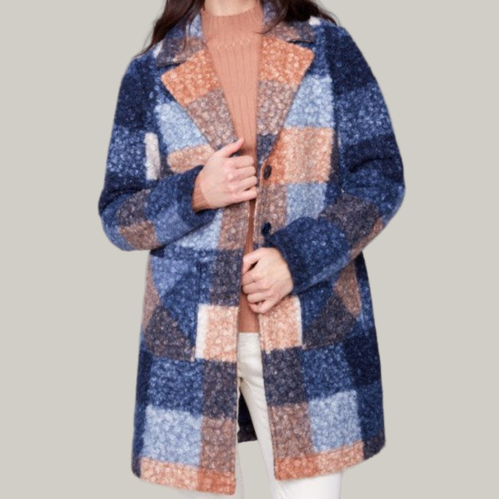 Charlie B - Plaid Boucle Knit Tailored Collar Coat
