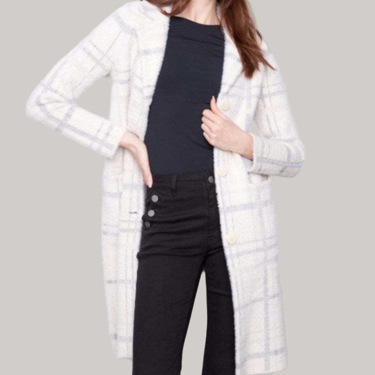 Charlie B - Long Plaid Knit Coatigan