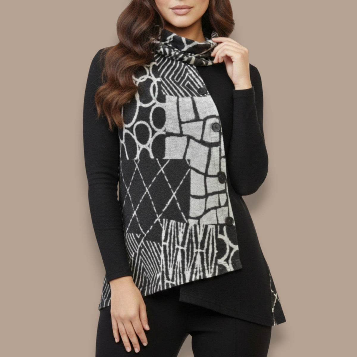 Minkas - Mixed Print Asymmetrical Cowl Neck Tunic