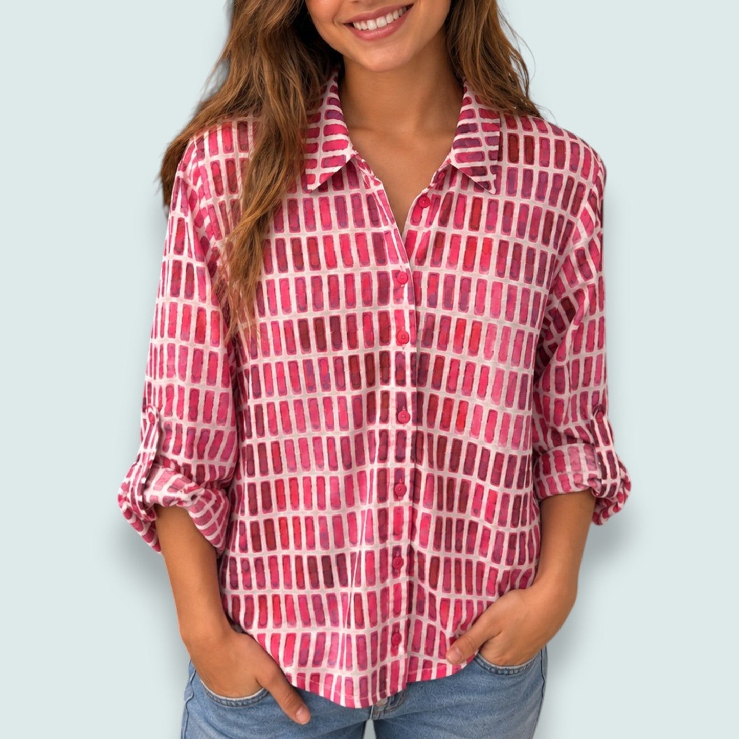 New Label - Pink Mosaic Roll-Tab Blouse