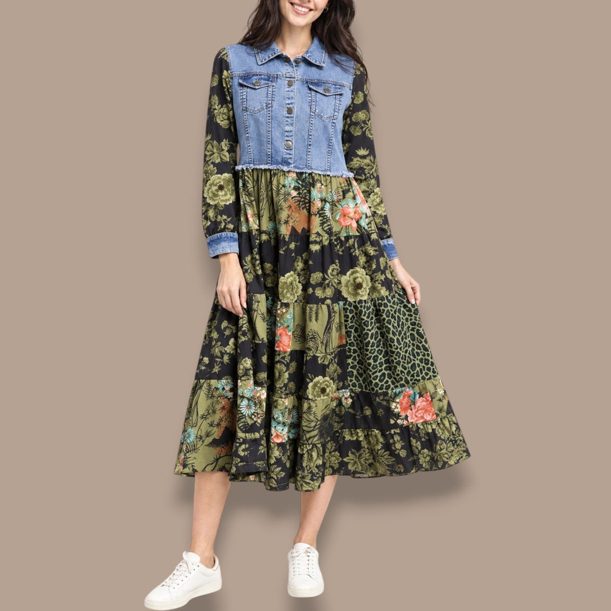Orientique - Denim & Patchwork Midi Dress