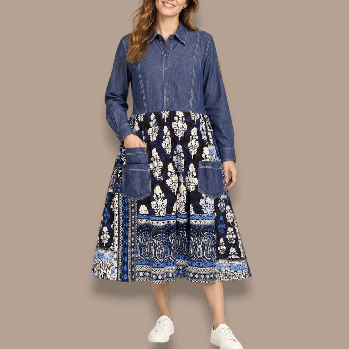 Orientique - Chambray Patchwork Border Print Dress