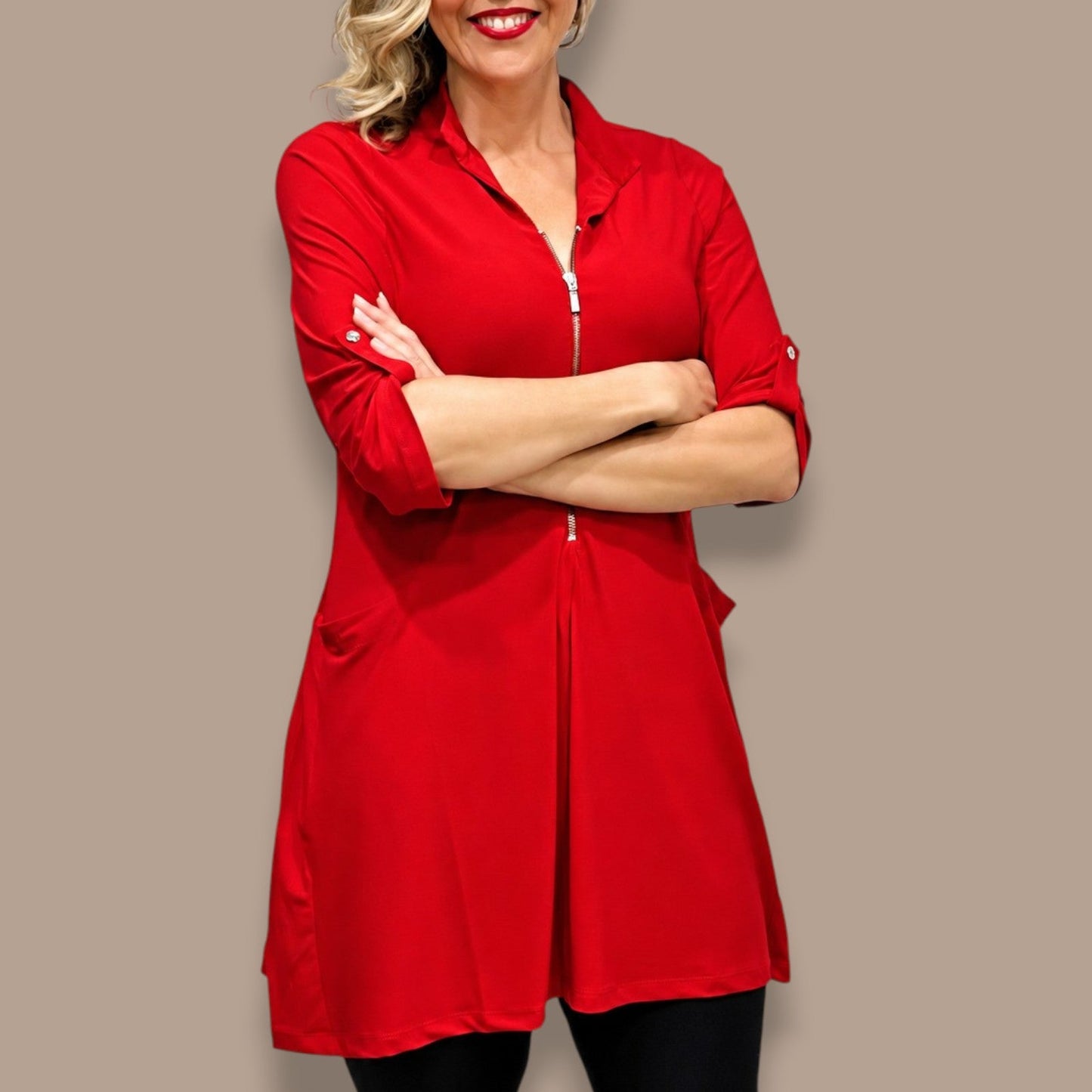 Black LABB - Mandarin Collar Zip-Front Tunic Dress