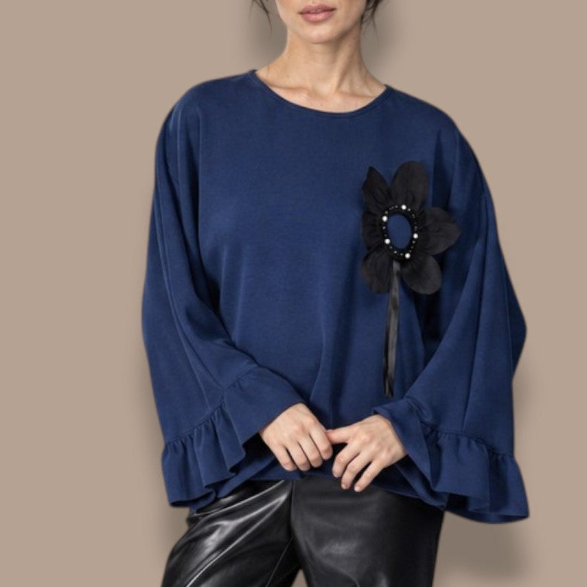 Paolo Tricot - Embellished Floral Ruffle Sleeve Top