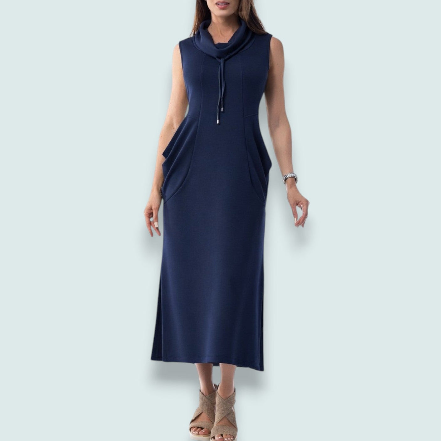 Pure - Drape Pocket Cowl Neck Midi Dress