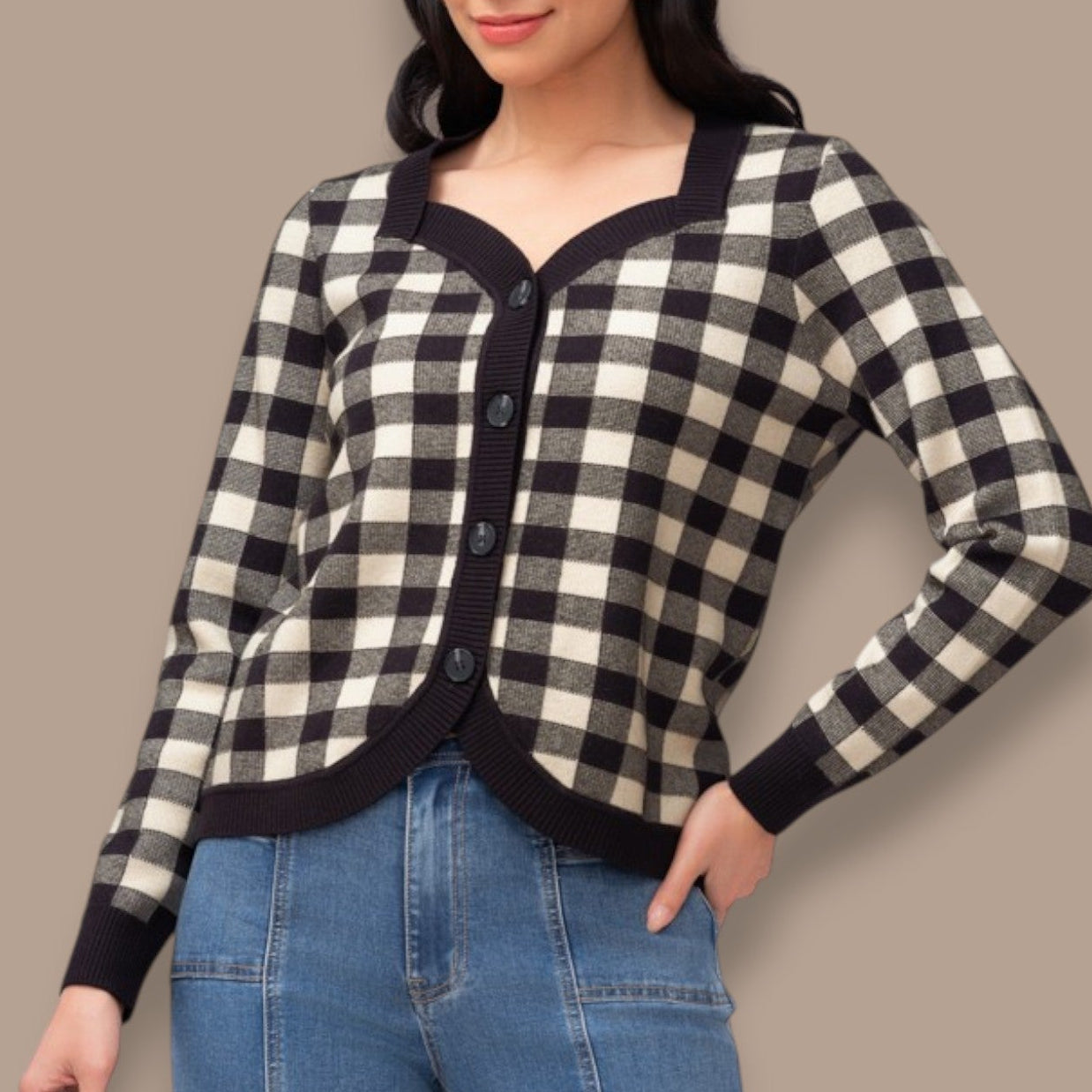 Elena Wang - Plaid Button-Front Knit Cardigan
