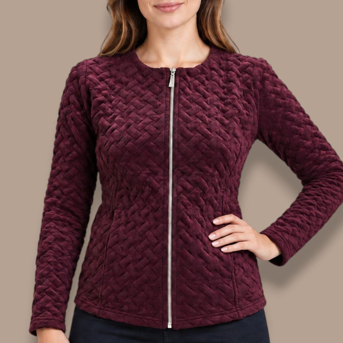 Sunday - Basketweave Textured Zip-Front Cardigan