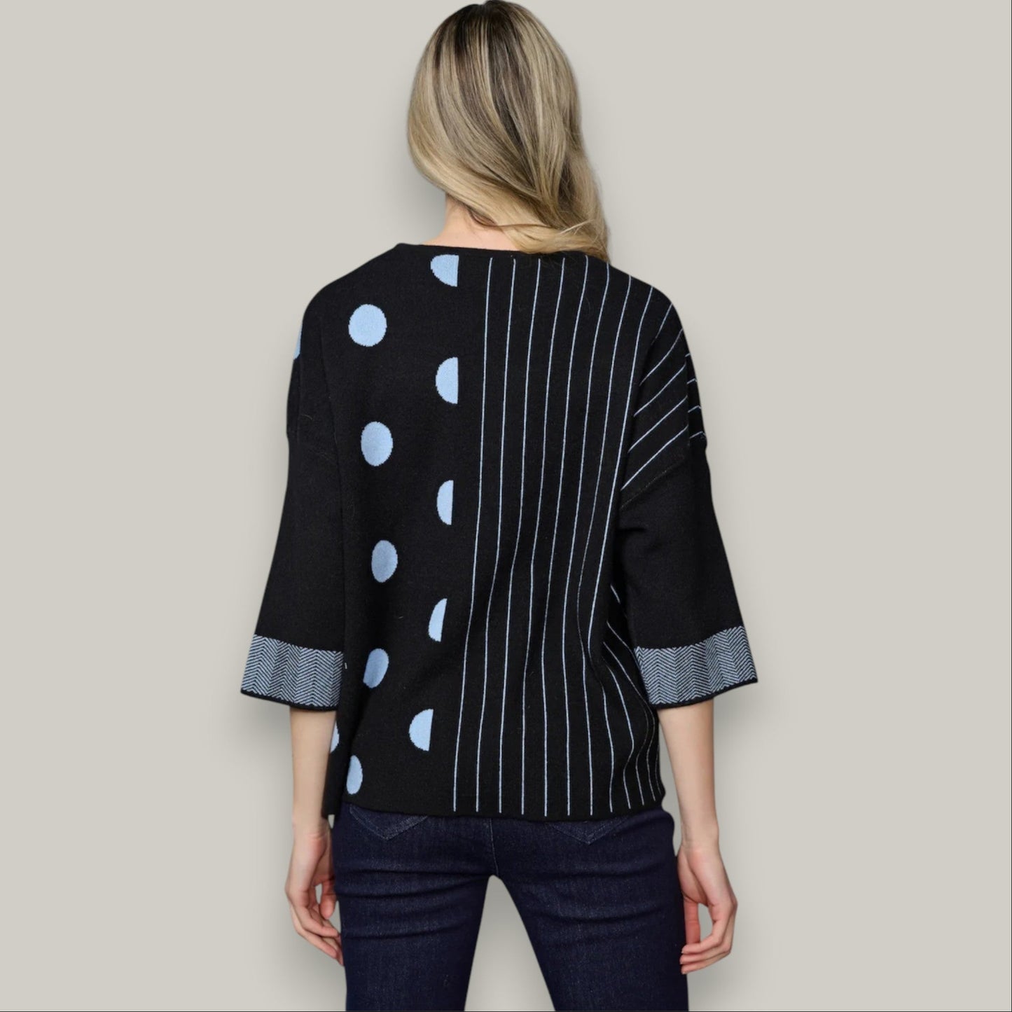Picadilly - 3/4 Sleeve Striped Polka Dot Sweater