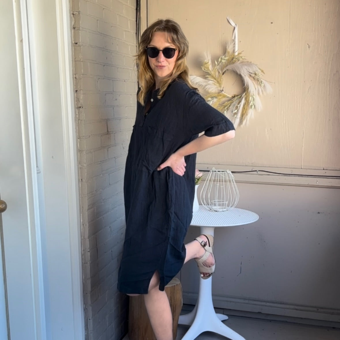 Angela Mara - Linen Dress With Front Pockets Angela Mara - Linen Dress With Front Pockets