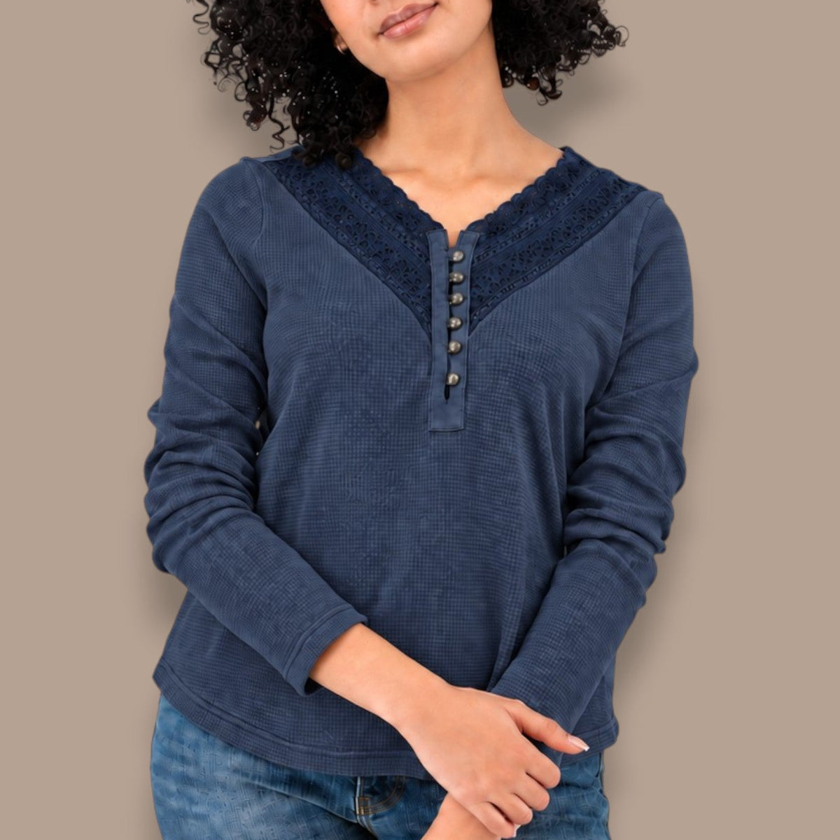 Old Ranch - Lace Trim Long Sleeve Henley Top