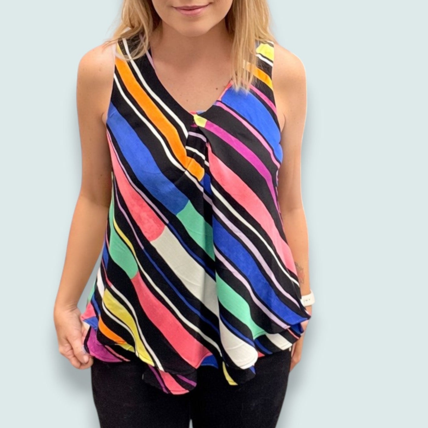 Tango Mango - Vibrant Multi-Stripe Pleated Front Top