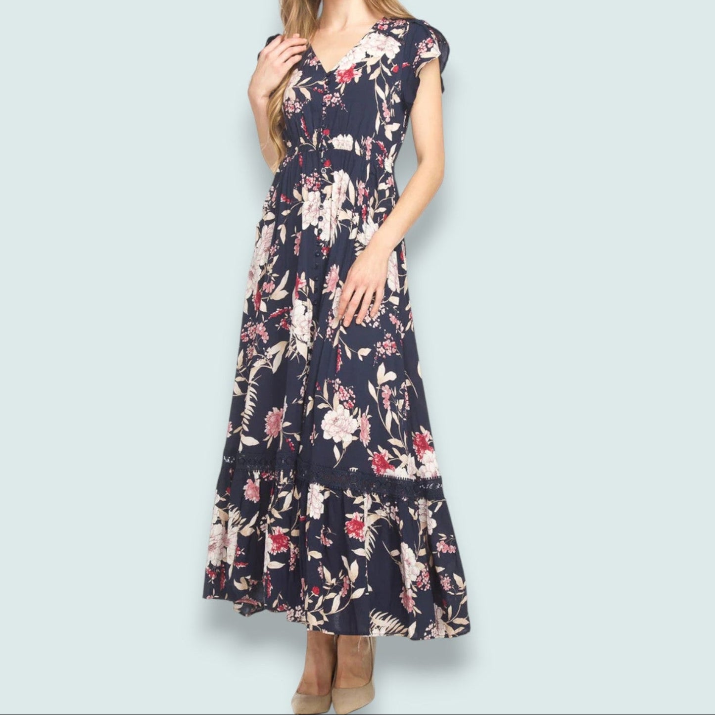 Papillon - Floral Maxi Dress With Lace Inset