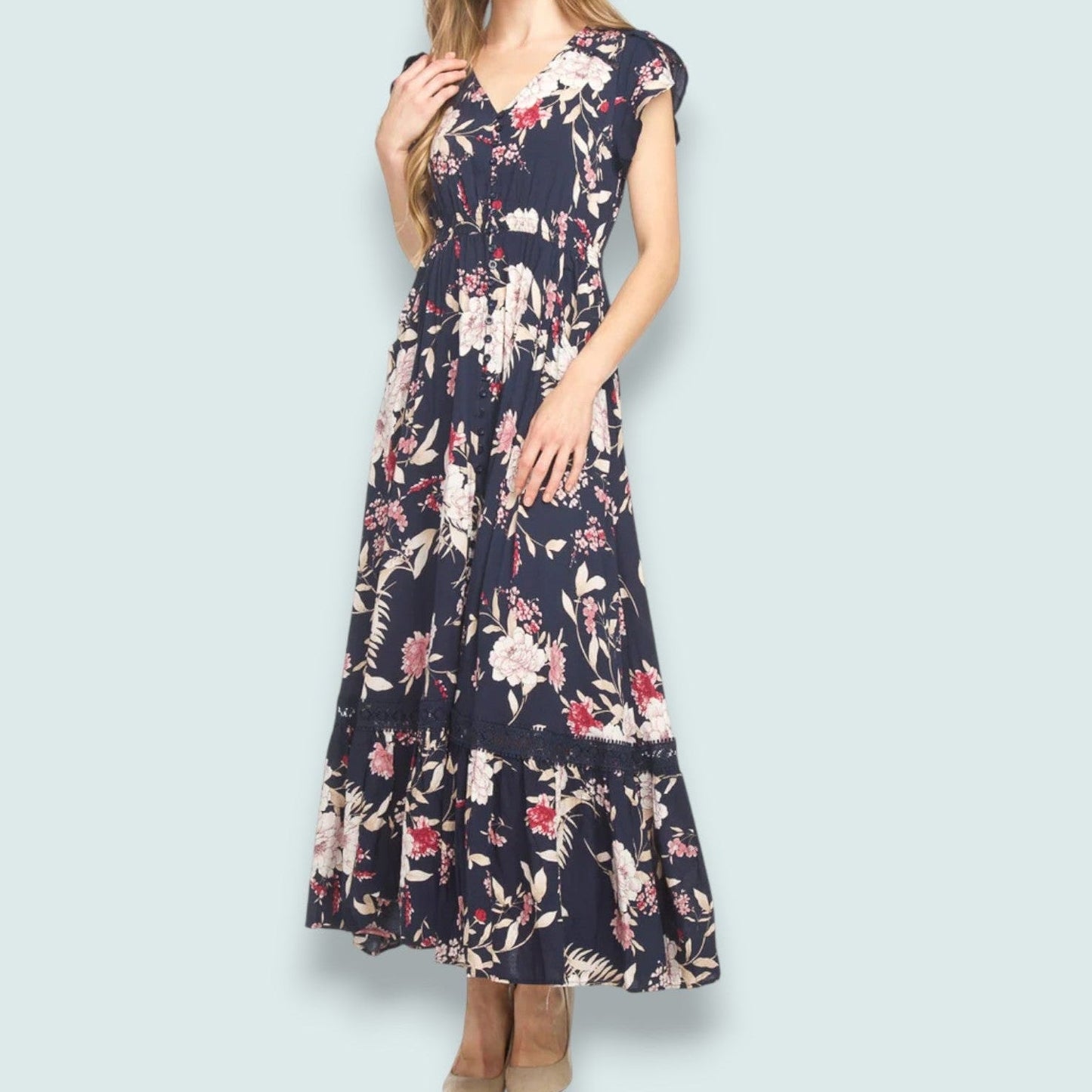 Papillon - Floral Maxi Dress With Lace Inset