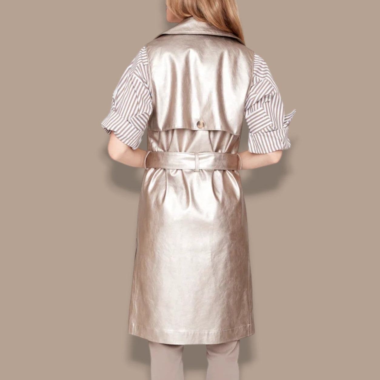 Renuar - Metallic Pleather Long Vest With Sash Belt