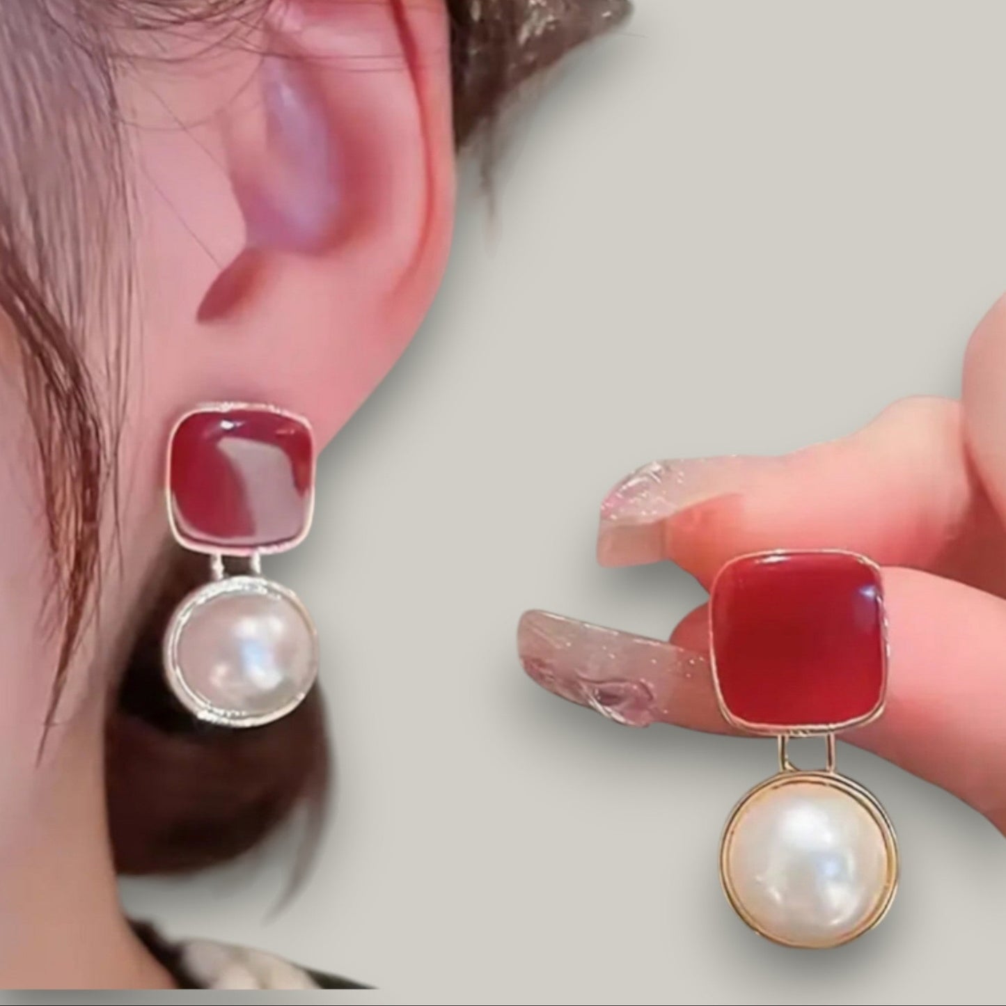 Audrey's - Square Enamel And Pearl Drop Stud