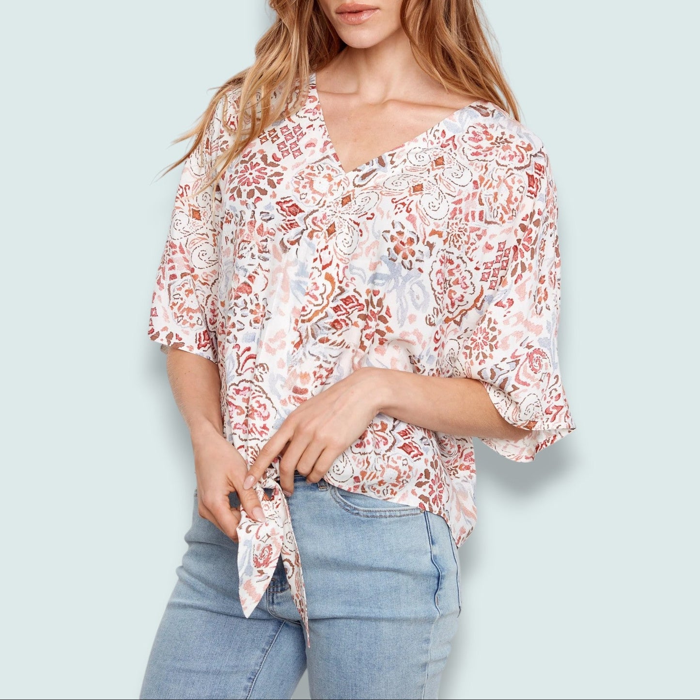 Charlie B - Soft Ivory Paisley Front-Tie Blouse