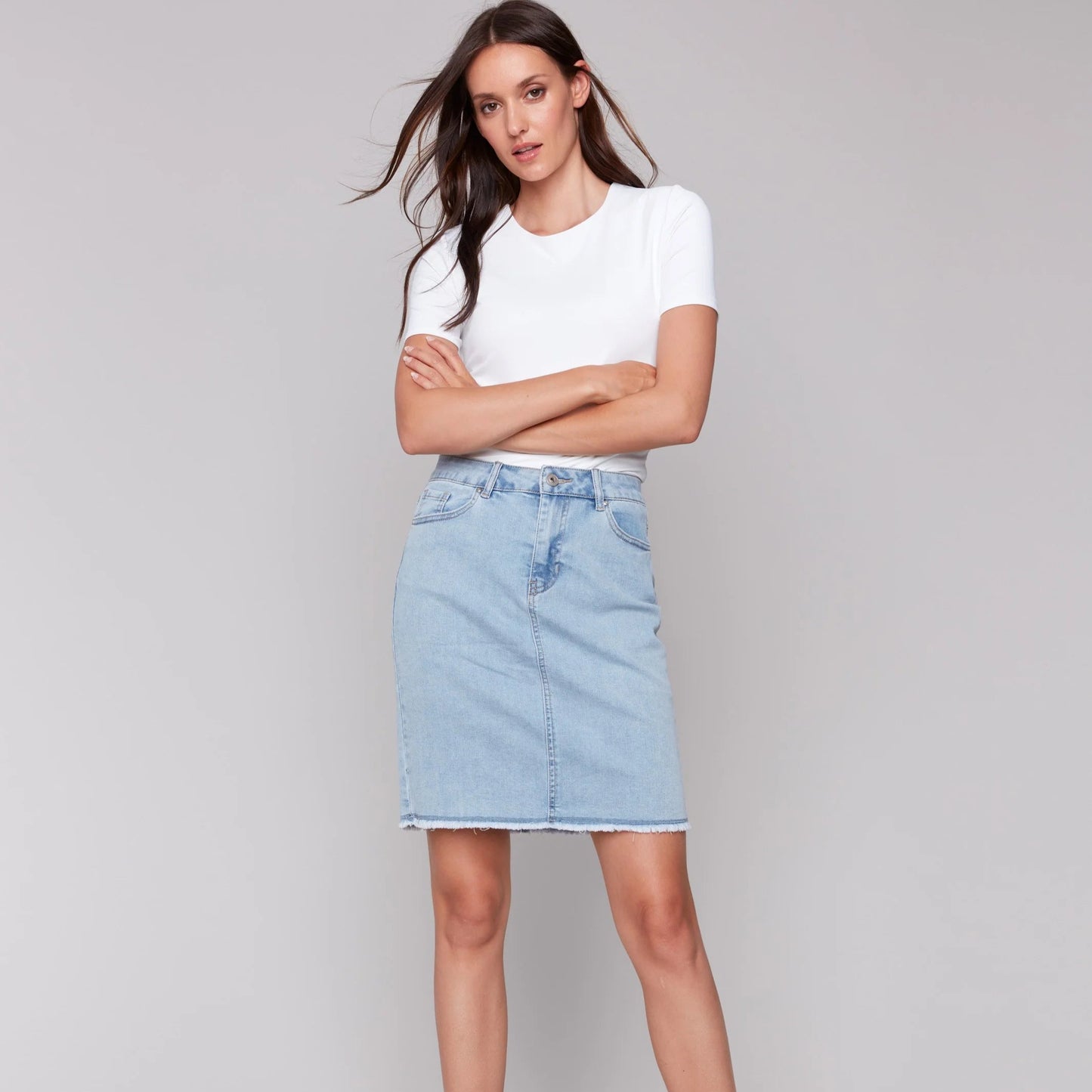 Charlie B - Stretch Denim Skort With Frayed Hem